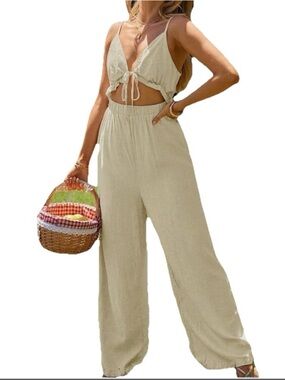 Tie Front Cut Out Viscose Linen Cami Jumpsuit NEW